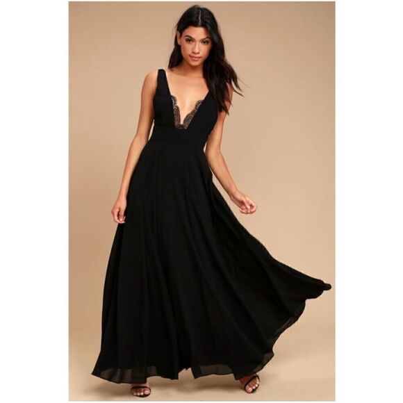 Lulus Women’s V Neck Lace Trim Black True Bliss Black Maxi Dress - Picture 1 of 13